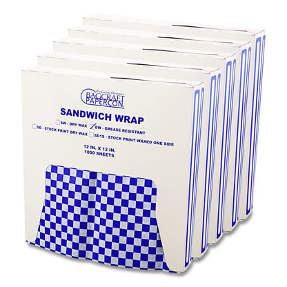 Grease-Resistant Paper Wraps and Liners, 12 x 12, Blue Check, 1,000/Box, 5 Boxes/Carton