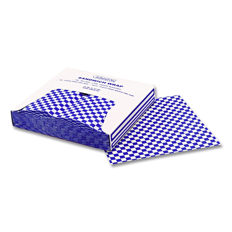 Grease-Resistant Paper Wraps and Liners, 12 x 12, Blue Check, 1,000/Box, 5 Boxes/Carton