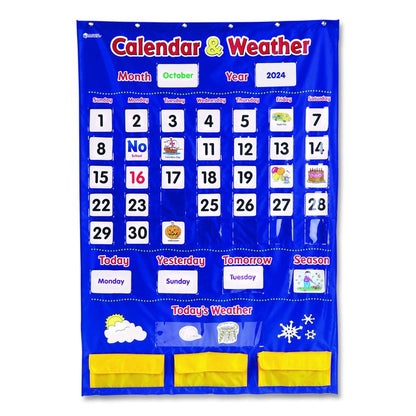 Calendar and Weather Pocket Chart, 46 Pockets, 14.7 x 32.2, Blue, 136 Cards