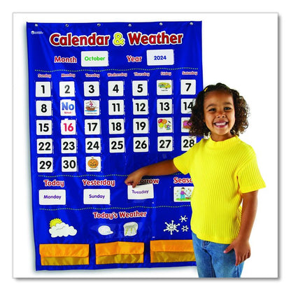 Calendar and Weather Pocket Chart, 46 Pockets, 14.7 x 32.2, Blue, 136 Cards