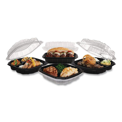 Culinary Lites Microwavable 3-Compartment Container, 20 oz/5 oz/5 oz, 9 x 9 x 3.13, Clear/Black, Plastic, 100/Carton