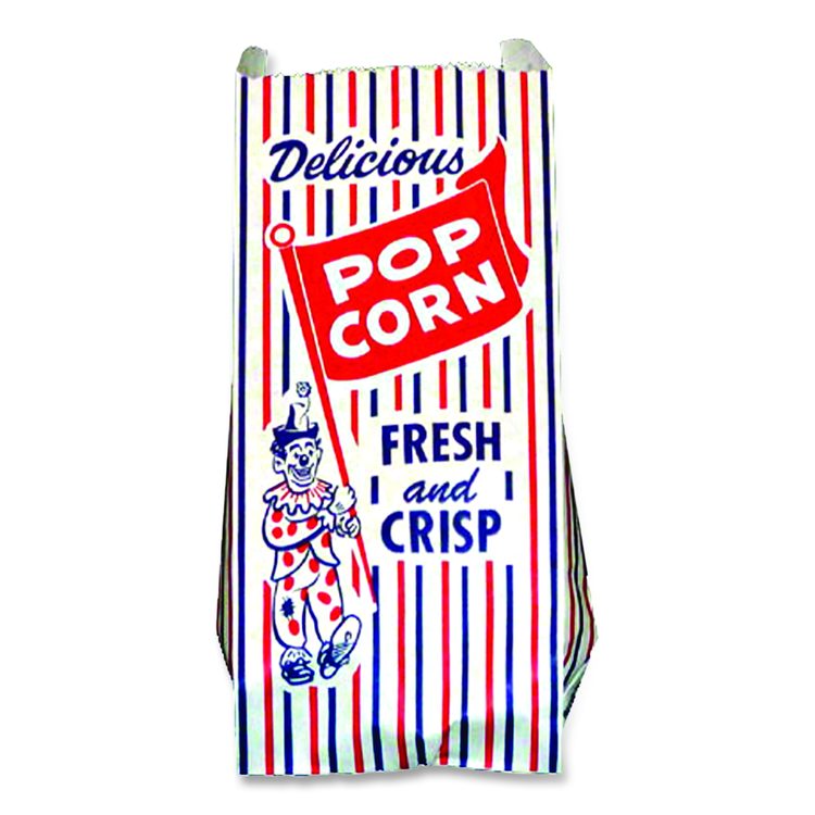 Pinch-Bottom Paper Popcorn Bag, Delicious Popcorn: Circus Clown Icon Labeling, 4" x 1.5" x 8", Red/White/Blue, 1,000/Carton