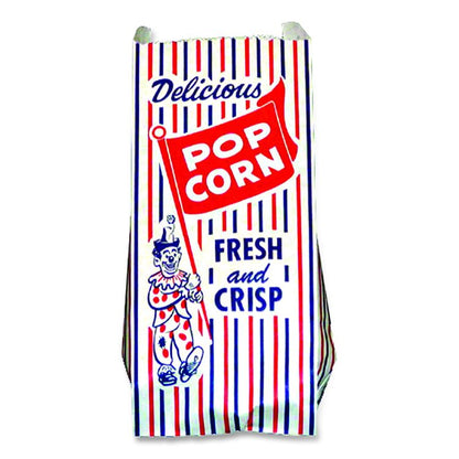 Pinch-Bottom Paper Popcorn Bag, Delicious Popcorn: Circus Clown Icon Labeling, 4" x 1.5" x 8", Red/White/Blue, 1,000/Carton