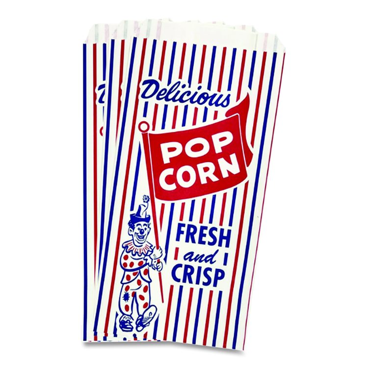 Pinch-Bottom Paper Popcorn Bag, Delicious Popcorn: Circus Clown Icon Labeling, 4" x 1.5" x 8", Red/White/Blue, 1,000/Carton