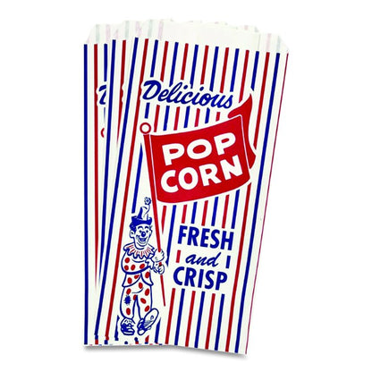 Pinch-Bottom Paper Popcorn Bag, Delicious Popcorn: Circus Clown Icon Labeling, 4" x 1.5" x 8", Red/White/Blue, 1,000/Carton
