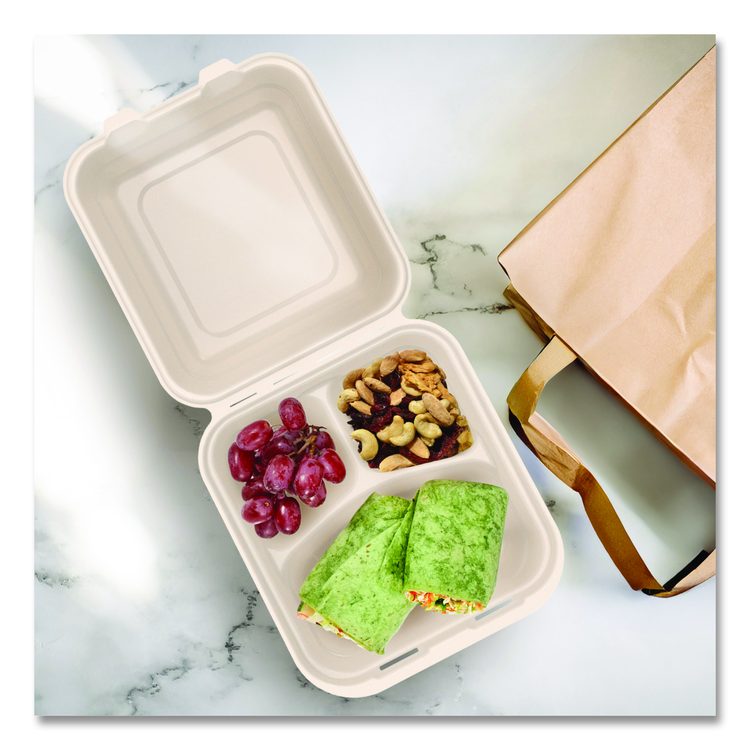 Compostable Molded Fiber Hinged Trays, ProPlanet Seal, 3 Compartments, 8.65 x 7.94 x 2.98, Natural, 200/Carton