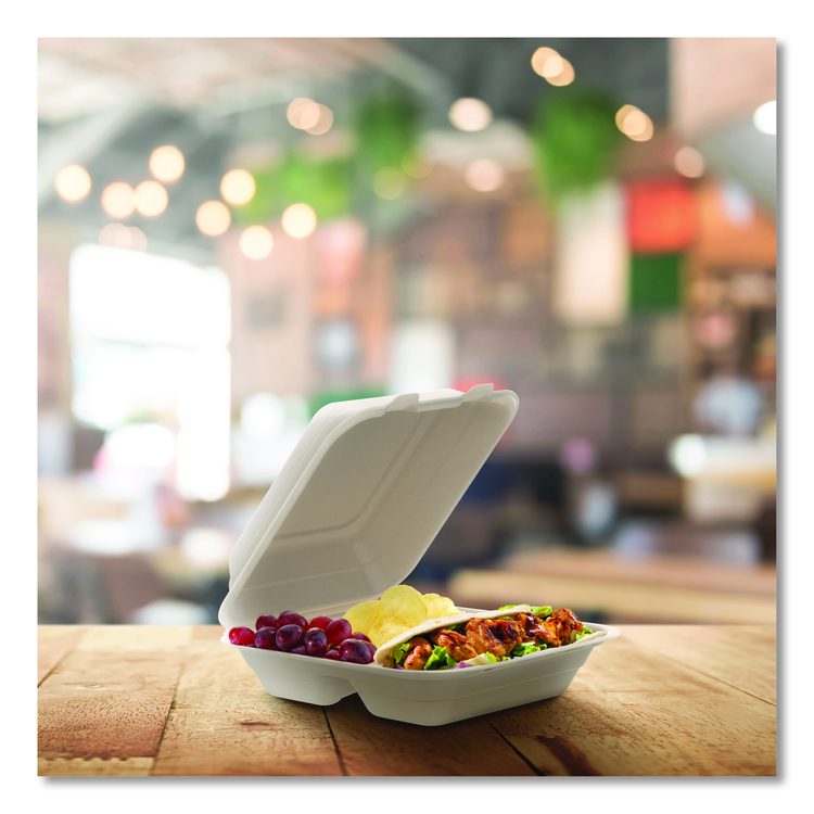 Compostable Molded Fiber Hinged Trays, ProPlanet Seal, 3 Compartments, 8.65 x 7.94 x 2.98, Natural, 200/Carton