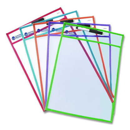 Write and Wipe Pockets, Medium-Duty, Top Load, 10" x 14" Insert, Clear Front, Assorted Color Border, 5 Pockets
