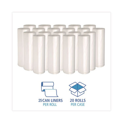 High-Density Can Liners, 30 gal, 8 mic, 30" x 36", Natural, Perforated Roll, 25 Bags/Roll, 20 Rolls/Carton