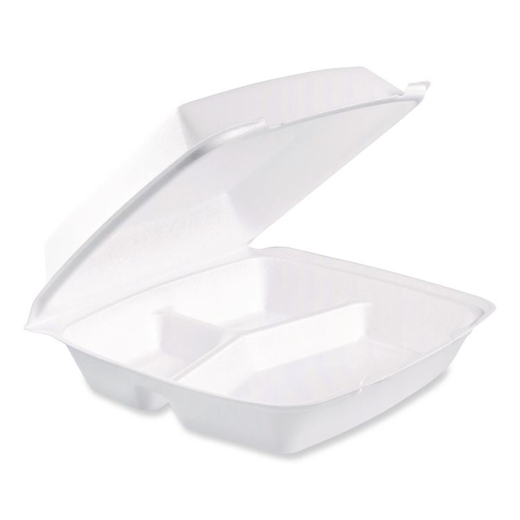 Foam Hinged Lid Containers, 3 Compartments, 9.5 x 10.26 x 3.4, White, 200/Carton