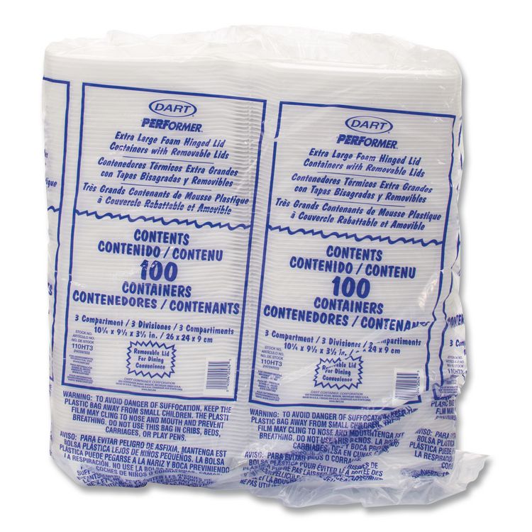 Foam Hinged Lid Containers, 3 Compartments, 9.5 x 10.26 x 3.4, White, 200/Carton