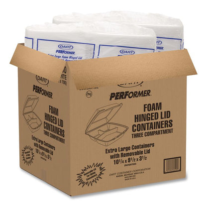 Foam Hinged Lid Containers, 3 Compartments, 9.5 x 10.26 x 3.4, White, 200/Carton