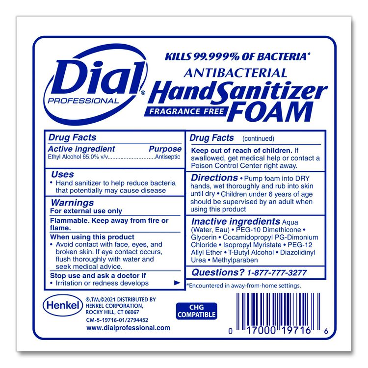 Antibacterial Foaming Hand Sanitizer Refill for Dial 1700 Dispenser, 1.2 L Refill, Fragrance-Free, 3/Carton