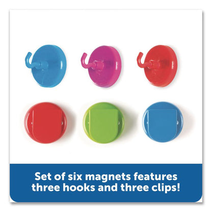 Super Strong Magnetic Clips and Hooks, Small, 1.5" Diameter, Assorted Colors, 3 Clips/3 Hooks