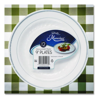 Masterpiece Plastic Plates, 9" dia, White/Silver, 10/Pack, 12 Packs/Carton