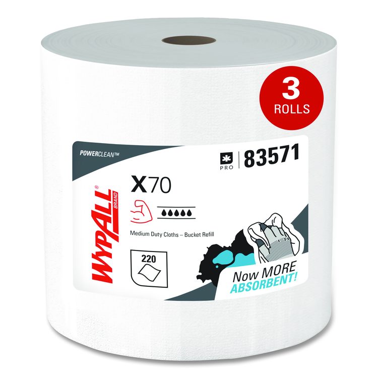 X70 Wipers in a Bucket Refills, No Bucket, 13 x 10, Unscented, White, 220/Rolls, 3 Rolls/Carton