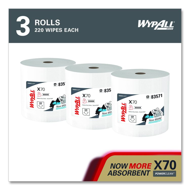 X70 Wipers in a Bucket Refills, No Bucket, 13 x 10, Unscented, White, 220/Rolls, 3 Rolls/Carton