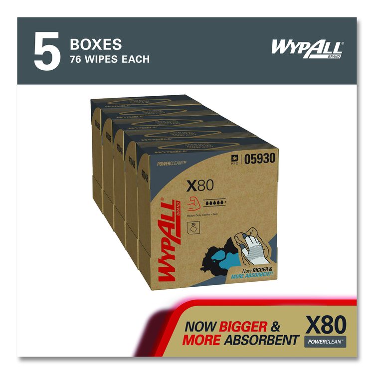 Power Clean X80 Heavy Duty Cloths, HYDROKNIT, POP-UP Box, 8.34 x 16.8, Red, 76/Box, 5 Box/Carton