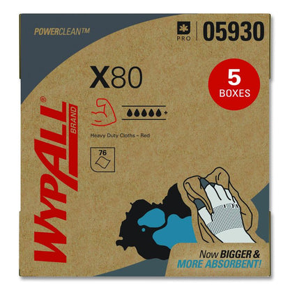 Power Clean X80 Heavy Duty Cloths, HYDROKNIT, POP-UP Box, 8.34 x 16.8, Red, 76/Box, 5 Box/Carton