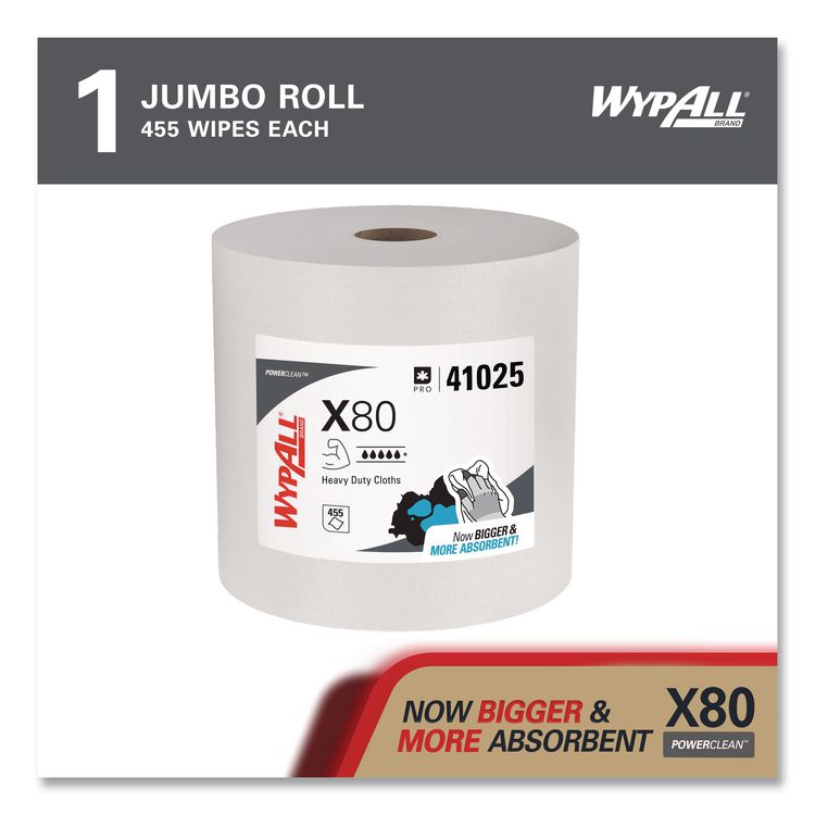 Power Clean X80 Heavy Duty Cloths, Jumbo Roll, 12.4 x 12.2, White, 455/Roll