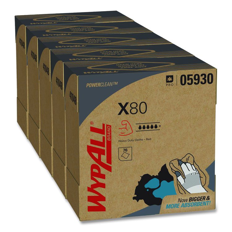 Power Clean X80 Heavy Duty Cloths, HYDROKNIT, POP-UP Box, 8.34 x 16.8, Red, 76/Box, 5 Box/Carton
