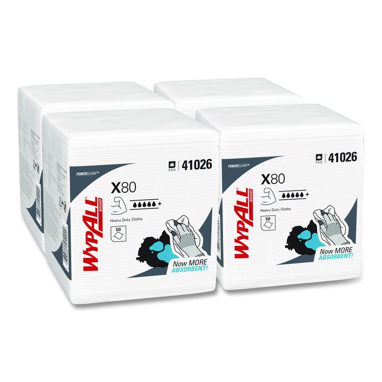 Power Clean X80 Heavy Duty Cloths, 1/4 Fold, 12.5 x 12, White, 50/Box, 4 Boxes/Carton