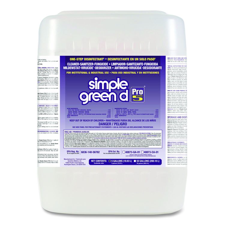 d Pro 5 Disinfectant, Unscented, 5 gal Pail