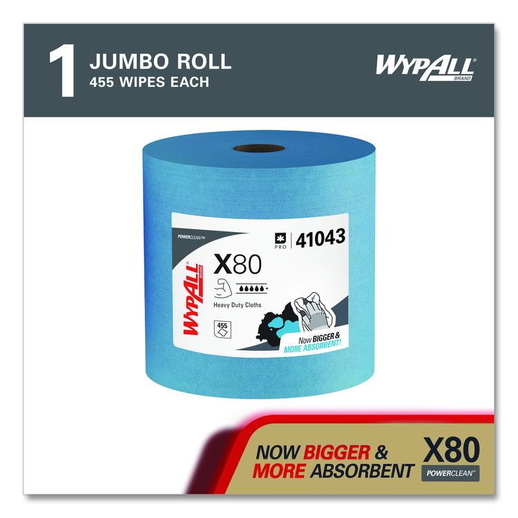 Power Clean X80 Heavy Duty Cloths, Jumbo Roll, 12.4 x 12.2, Blue, 455/Roll
