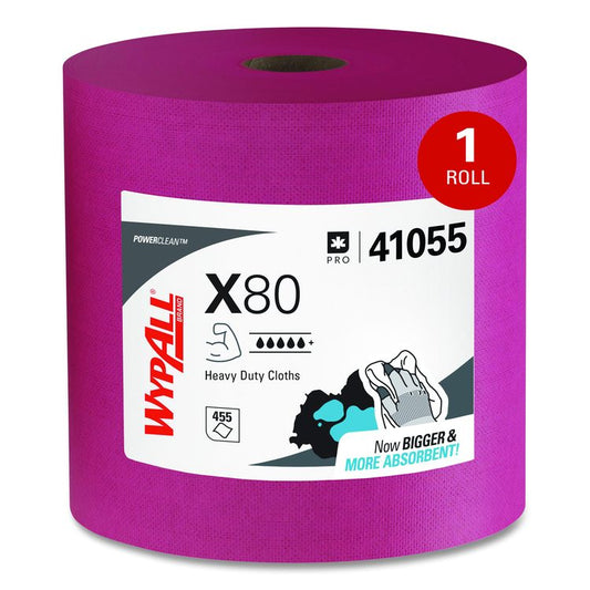 Power Clean X80 Heavy Duty Cloths, Jumbo Roll, Perforated,12.4 x 12.2, Red, 455 Wipers/Roll