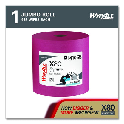 Power Clean X80 Heavy Duty Cloths, Jumbo Roll, Perforated,12.4 x 12.2, Red, 455 Wipers/Roll
