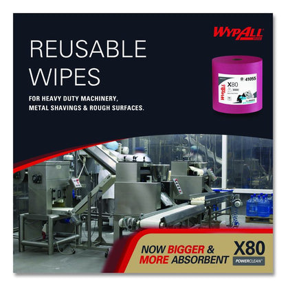 Power Clean X80 Heavy Duty Cloths, Jumbo Roll, Perforated,12.4 x 12.2, Red, 455 Wipers/Roll