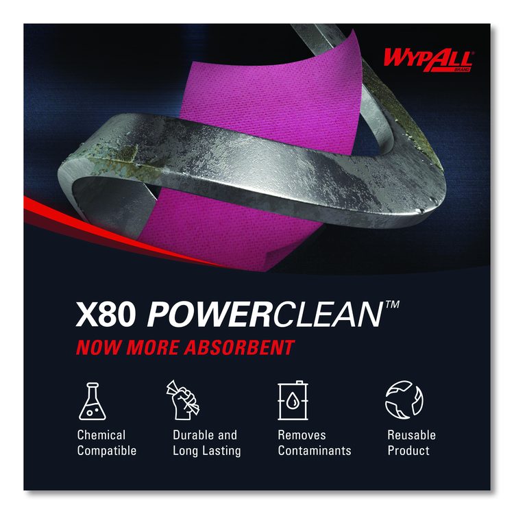 Power Clean X80 Heavy Duty Cloths, Jumbo Roll, Perforated,12.4 x 12.2, Red, 455 Wipers/Roll