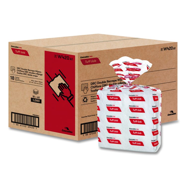 Tuff-Job S400 DRC Wipers, Medium, 12 x 13, White, 60/Pack, 18 Pack/Carton