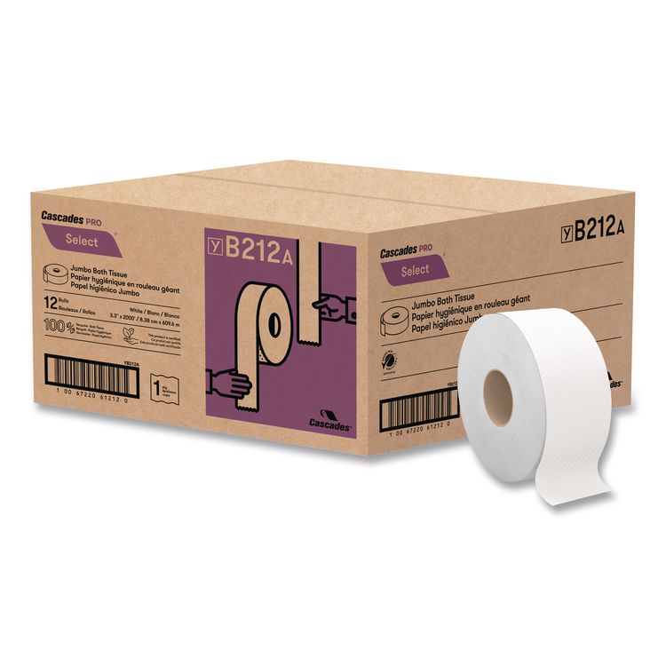 Select Jumbo Bath Tissue, Septic Safe, 1-Ply, 3.3" x 2,000 ft, White, 12 Rolls/Carton