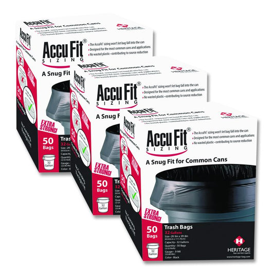 Linear Low Density Can Liners with AccuFit Sizing, 55 gal, 1.3 mil, 40" x 53", Black, 50 Bags/Box, 3 Boxes/Carton