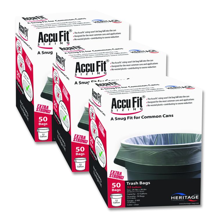 Linear Low Density Can Liners with AccuFit Sizing, 55 gal, 0.9 mil, 40" x 53", Clear, 50 Bags/Box, 3 Boxes/Carton