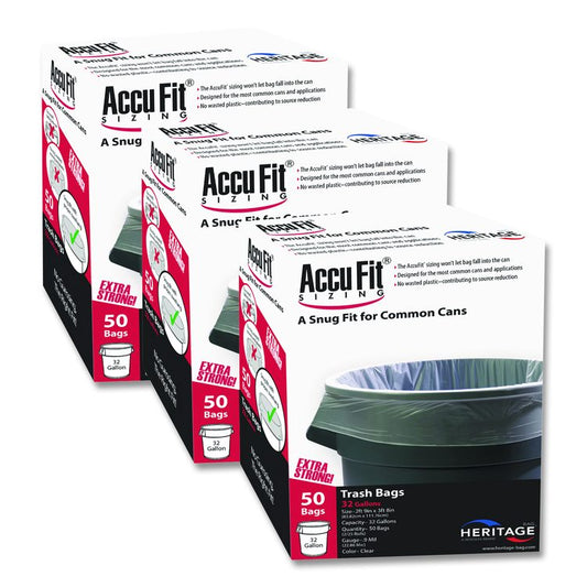 Linear Low Density Can Liners with AccuFit Sizing, 55 gal, 0.9 mil, 40" x 53", Clear, 50 Bags/Box, 3 Boxes/Carton