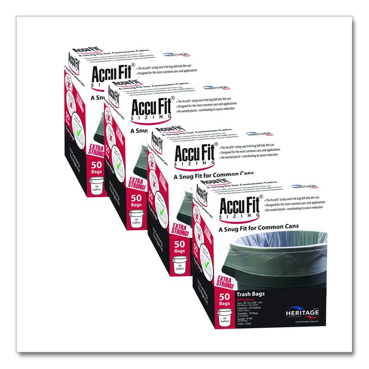 Linear Low Density Can Liners with AccuFit Sizing, 44 gal, 0.9 mil, 37" x 50", Clear, 50 Bags/Box, 4 Boxes/Carton