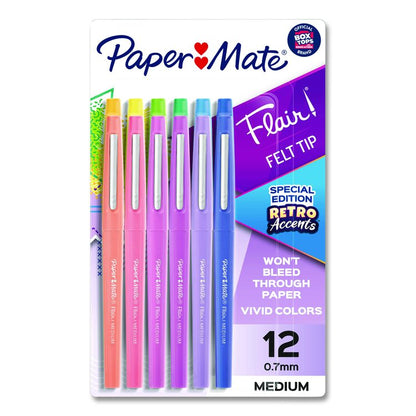 Flair Felt Tip Porous Point Pen, Retro Accents, Stick, Medium 0.7mm, Randomly Assorted Ink, Randomly Assorted Barrel, 12/Pack