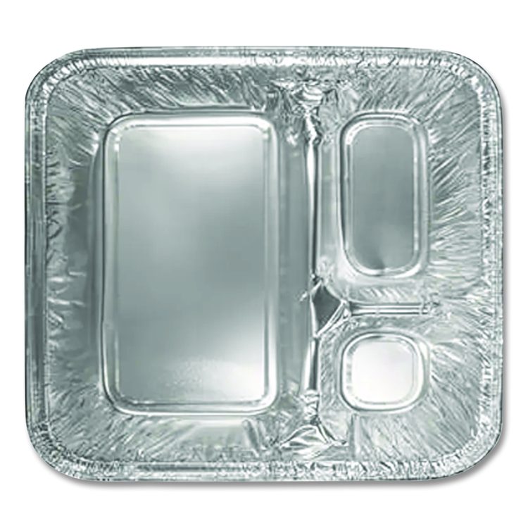 Aluminum Oblong Container with Lid, 3 Compartments, 24 oz, 8.5 x 6.38 x 1.47, Silver, 250/Carton