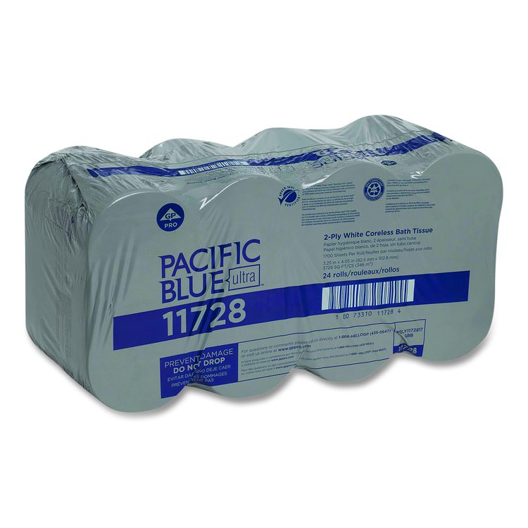 Pacific Blue Ultra Coreless Toilet Paper, Septic Safe, 2-Ply, White, 1,700 Sheets/Roll, 24 Rolls/Carton