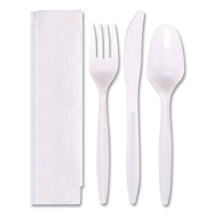 Economy Cutlery Kit, Fork/Knife/Napkin/Spoon, Plastic, White, 250/Carton