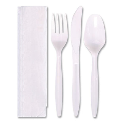 Economy Cutlery Kit, Fork/Knife/Napkin/Spoon, Plastic, White, 250/Carton
