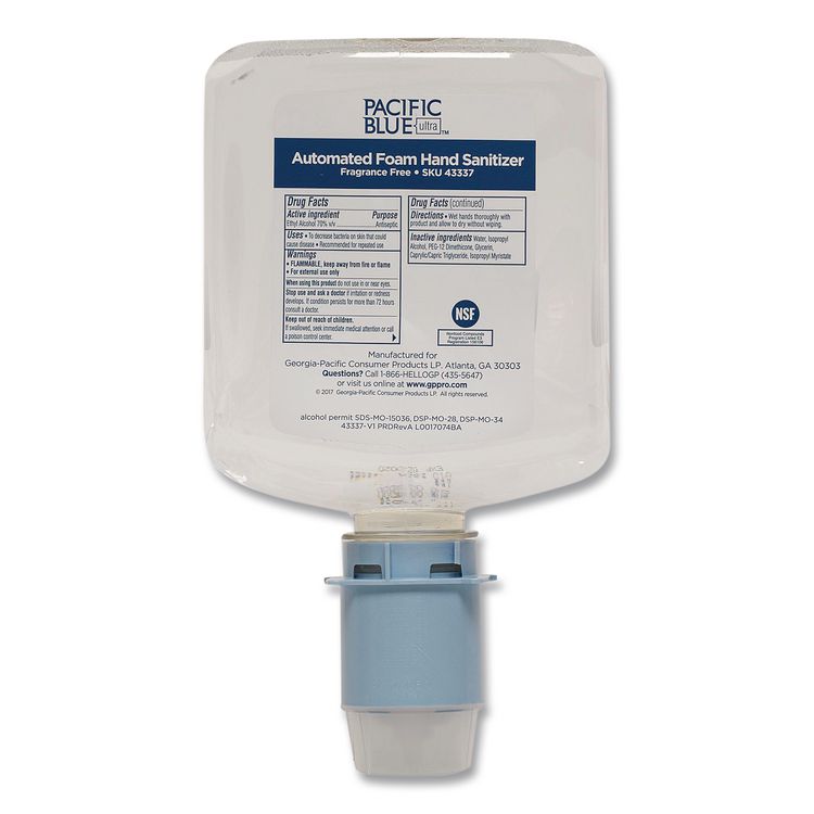 Pacific Blue Ultra Automated Sanitizer Dispenser Refill Foam Hand Sanitizer, 1,000 mL Bottle, Fragrance-Free, 3/Carton