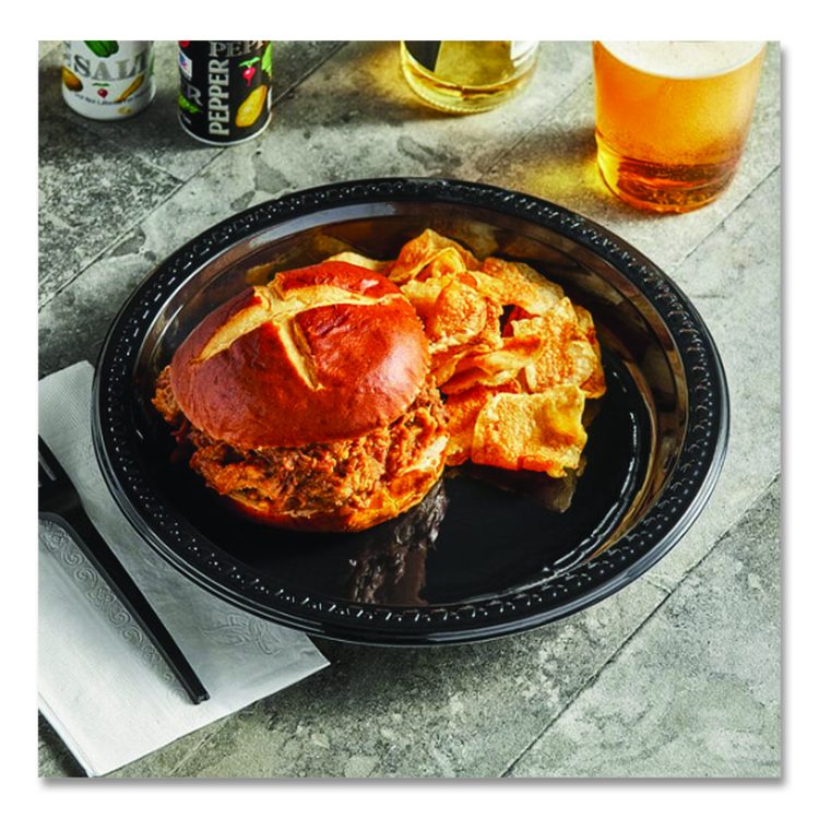 Heavyweight Plastic Plates, 9" dia, Black, 125/Pack, 4 Packs/Carton