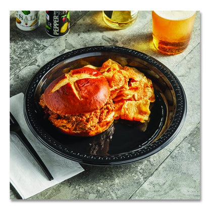 Heavyweight Plastic Plates, 10.25" dia, Black, 125/Pack, 4 Packs/Carton