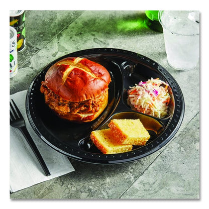Heavyweight Plastic 3-Compartment Plates, 10.25" dia, Black, 125/Pack, 4 Packs/Carton