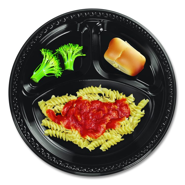 Heavyweight Plastic 3-Compartment Plates, 10.25" dia, Black, 125/Pack, 4 Packs/Carton