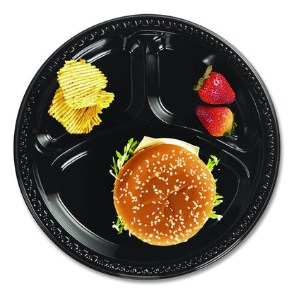 Heavyweight Plastic 3-Compartment Plates, 10.25" dia, Black, 125/Pack, 4 Packs/Carton