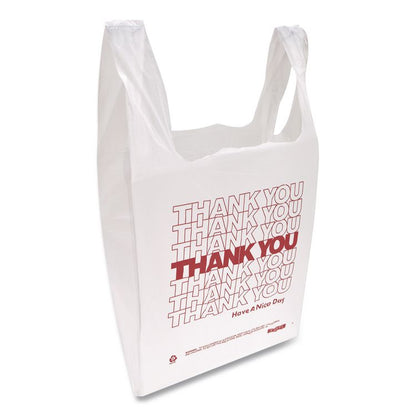 HDPE T-Shirt Bags, Thank You - Have a Nice Day Labeling, Cut-Out Handles, 12" x 7" x 23", White/Red, 500/Carton